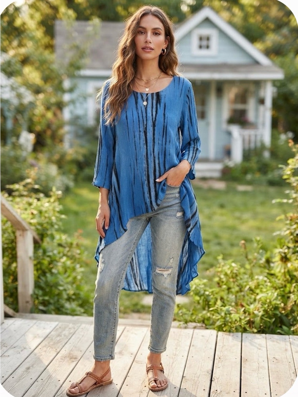 Boho Crinkle High-Low Tunic Top Blue & Black Abstract